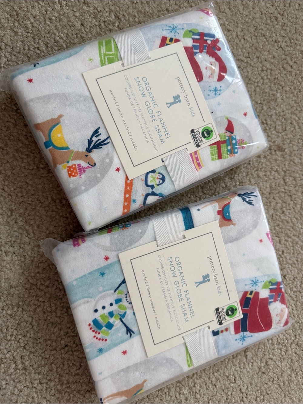 Pottery Barn Kids Organic Flannel Snow Globe Sham - White Holiday Print-set of 2